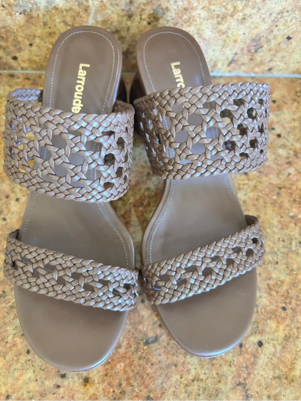 Larroudé Designer Dew Drop Brown Woven Sandals